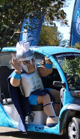 DSU's Mascot General Cy on a branded spiffy golf car