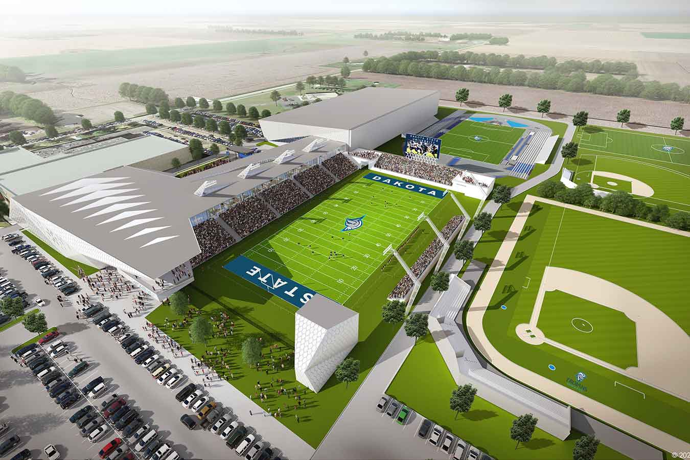 The Athletics Events Center is phase 1 of a three-phase athletics complex plan. It includes an upgraded football stadium, relocated track and new soccer stadium, office space, and shared meeting space, as well as classrooms