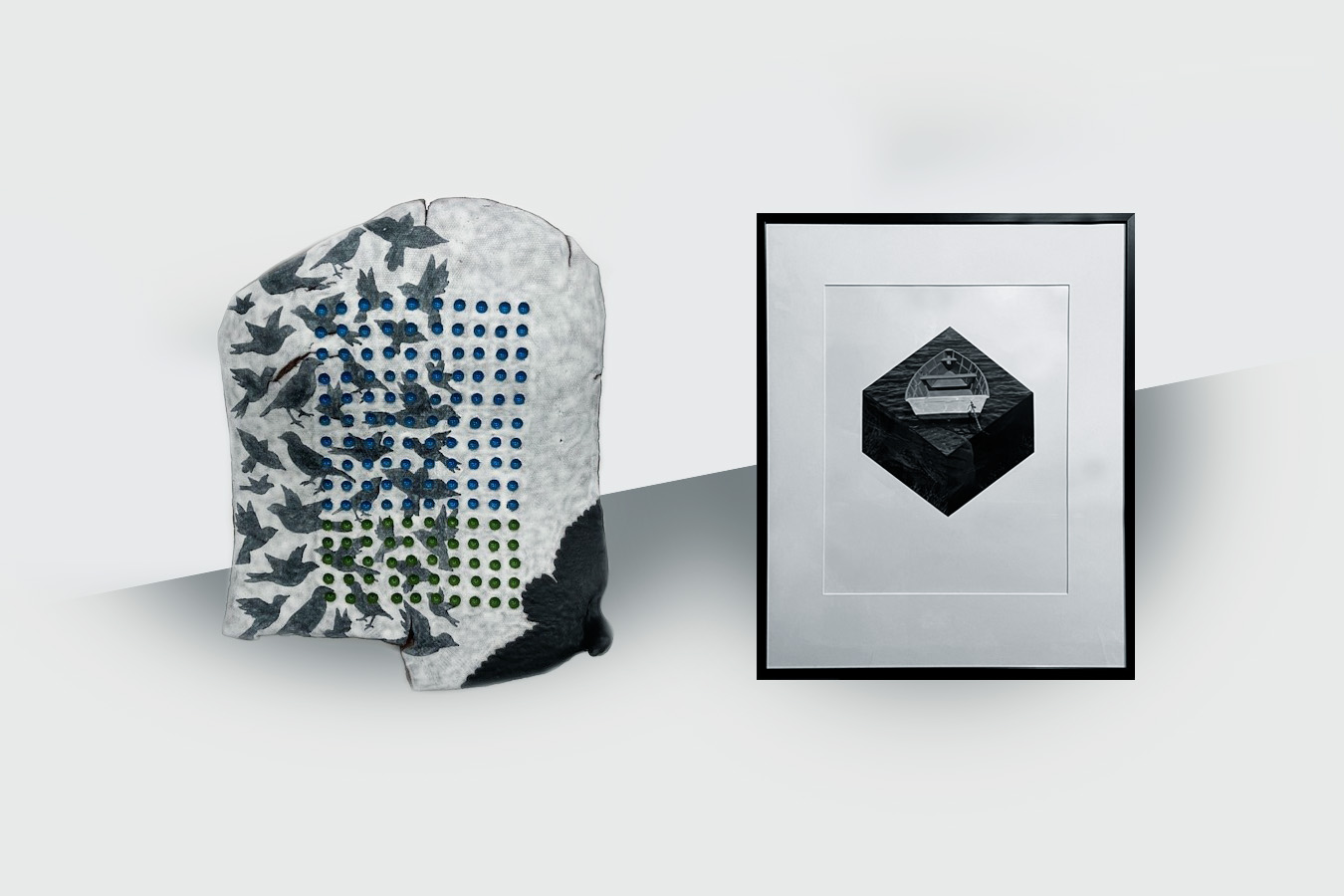 Pictured Angela Behrends' clay slab with grid dots filled with colors (green and blue) and Tom Jones' gelatin silver photograph (right) of a rowboat on a geometric shape