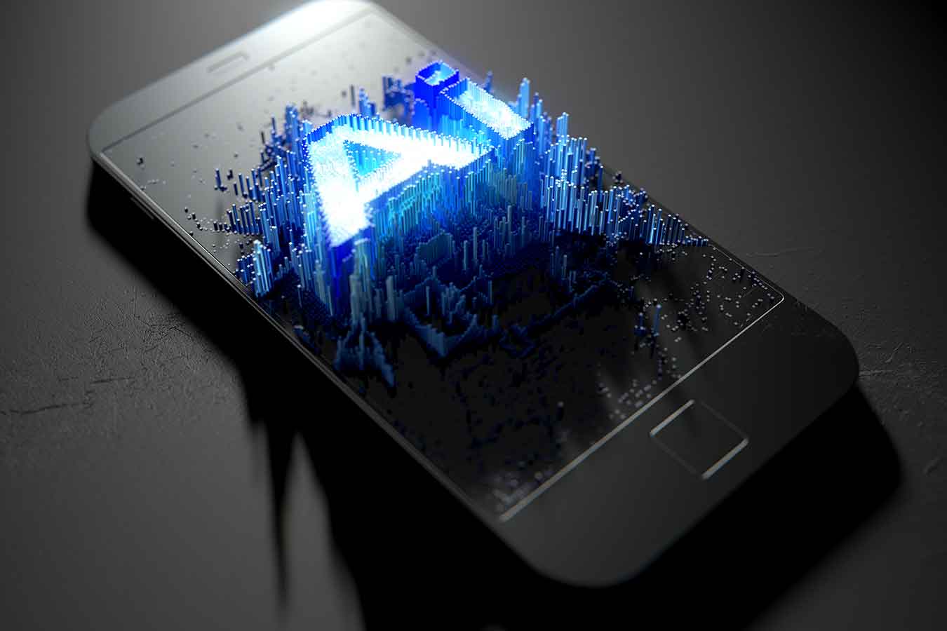 A black phone with blue pegs of varying heights that spell Ai on top of the phone in a 3D way.