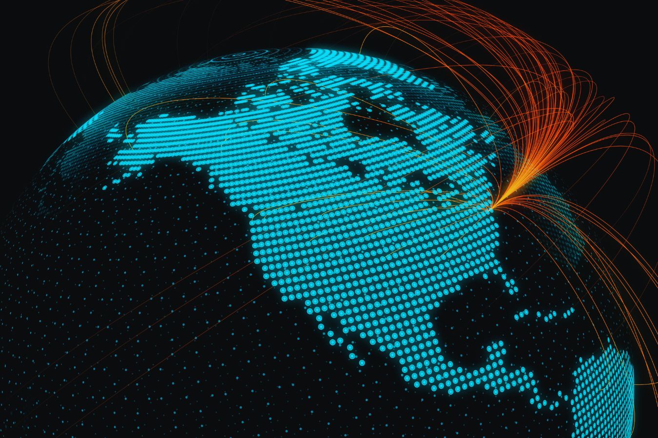 A digital globe with blue dots forming the countries and orange-red lines spreading out from the D.C. area on the America portion of the globe.