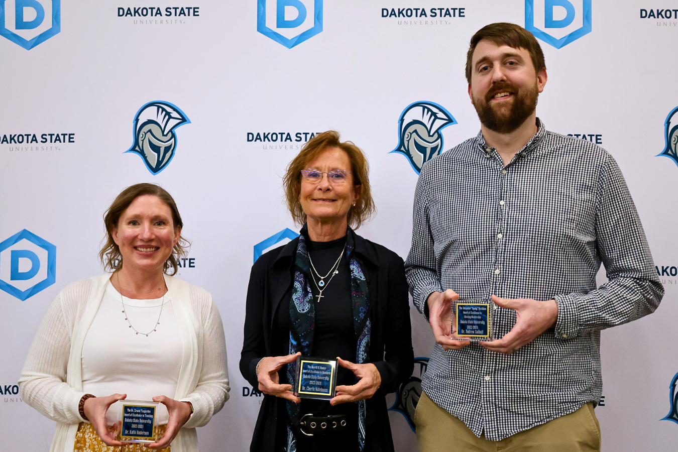 Dakota State’s faculty award winners for the 2022-2023 academic year include: Dr. Katie Anderson (left), Dr. Cherie Noteboom, and Dr. Andrew Sathoff.
